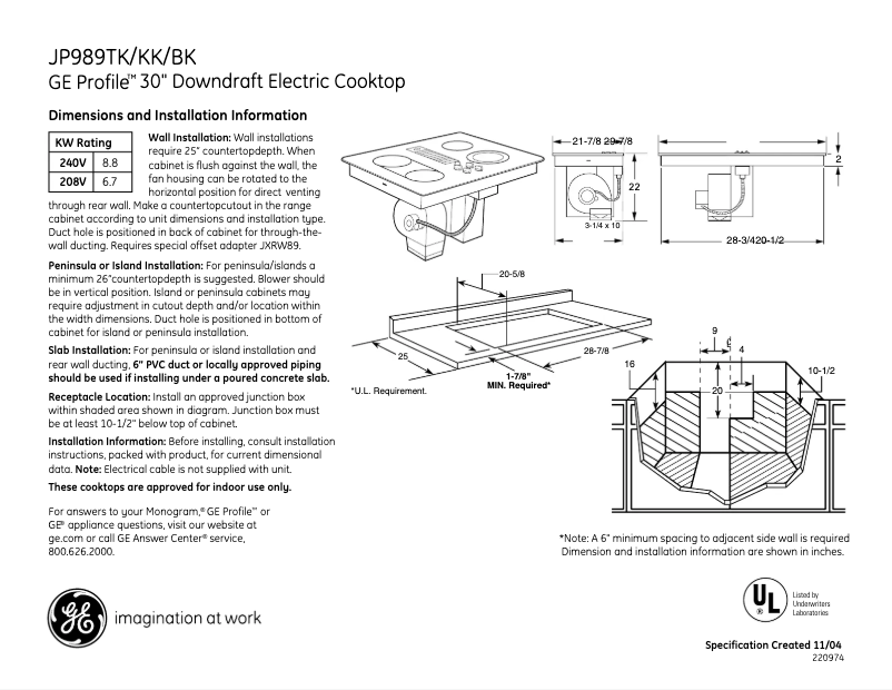 Página 1 del manual Ficha técnica GE Profile JP989TKWW