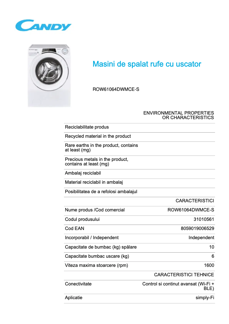 Página 1 del manual Ficha técnica Candy ROW61064DWMCE-S