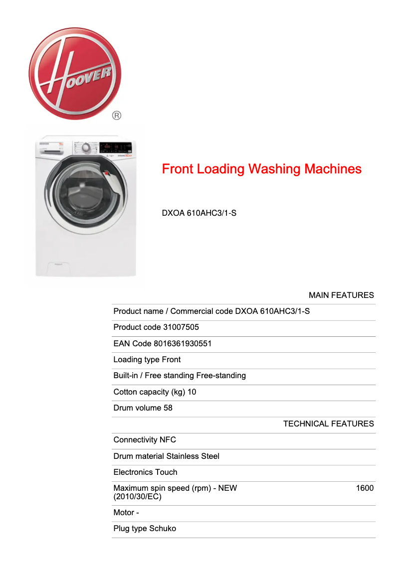 Página 1 del manual Ficha técnica Hoover Dynamic Next DXOA 610AHC3/1-S