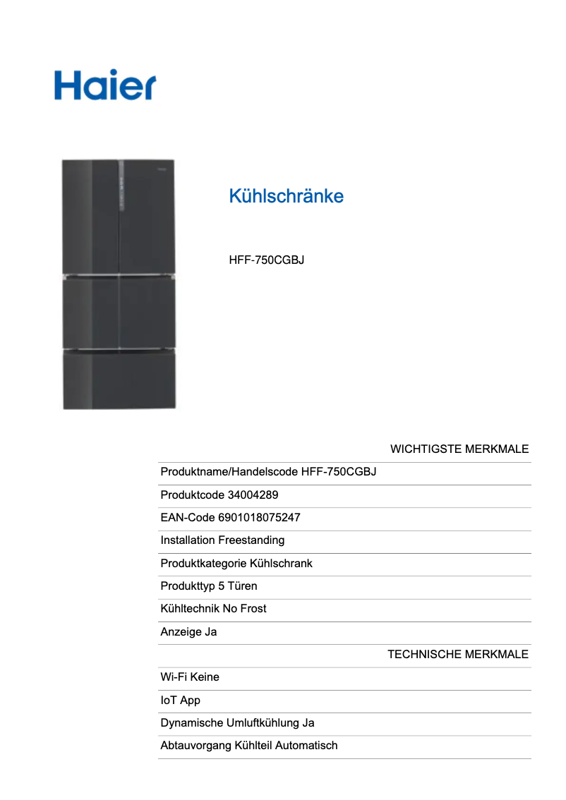 Página 1 del manual Etiqueta energética Haier HFF-750CGBJ