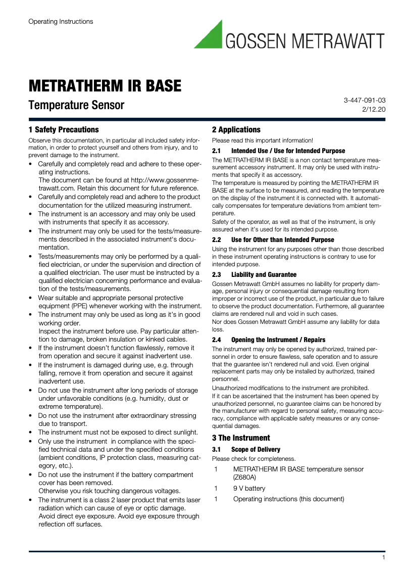 Página nº 1 - Manual de usuario Gossen Metrawatt METRATHERM IR BASE