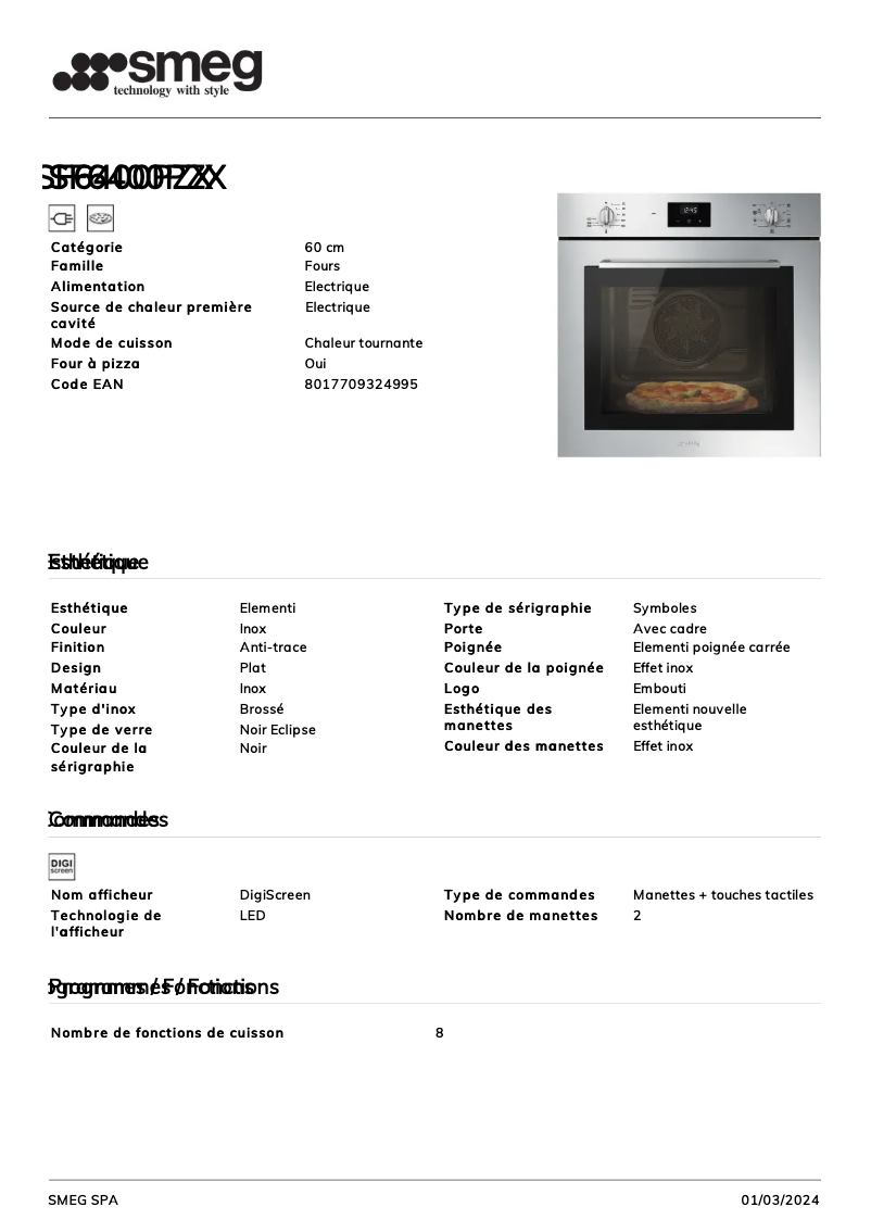 Página 1 del manual Ficha técnica Smeg SF6400PZX