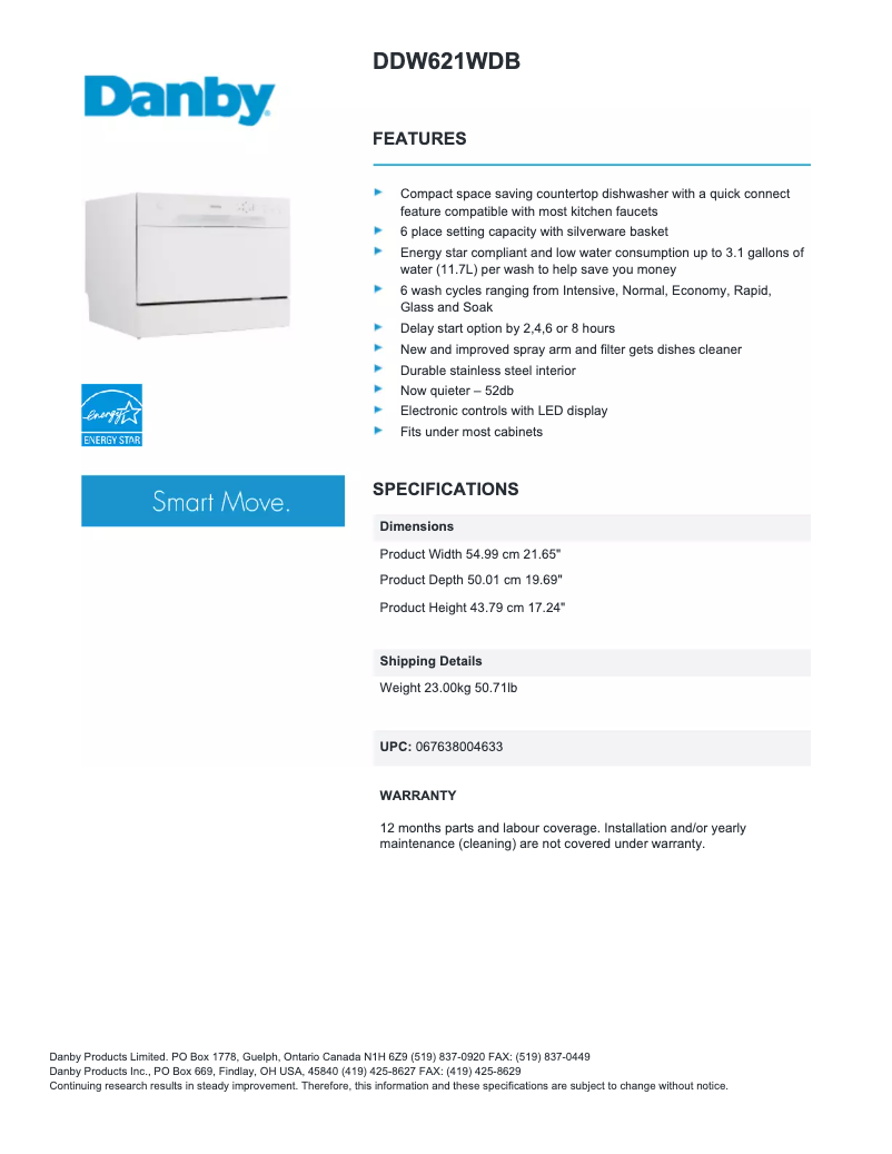 Página 1 del manual Ficha técnica Danby DDW621