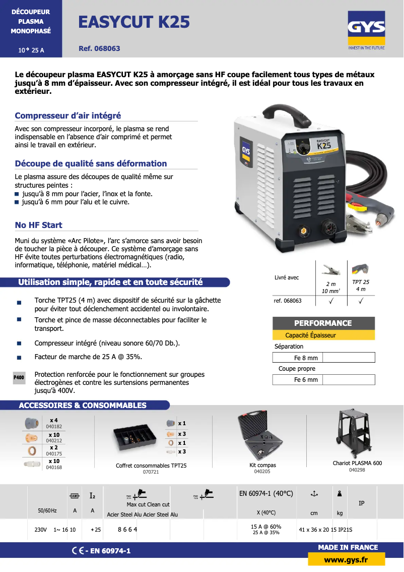 Página 1 del manual Ficha técnica GYS Easycut K25