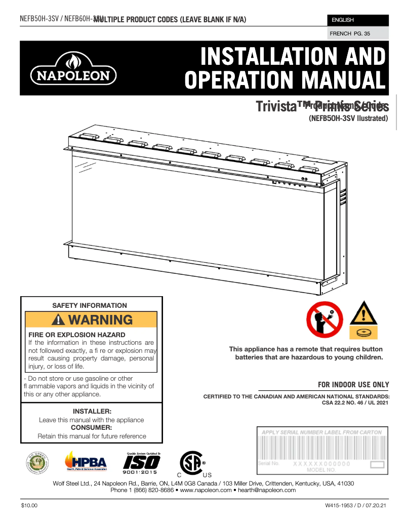 Página nº 1 - Manual de usuario Napoleon Trivista Primis NEFB50H-3SV