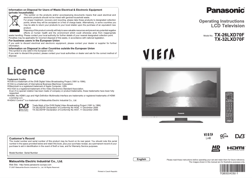 Imagen de la primera página del manual del dispositivo Viera TX-26LXD70F