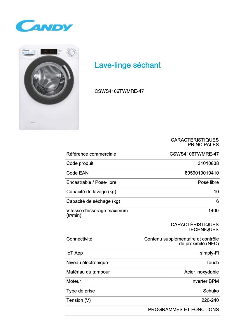Imagen de la primera página del manual del dispositivo CSWS4106TWMRE-47