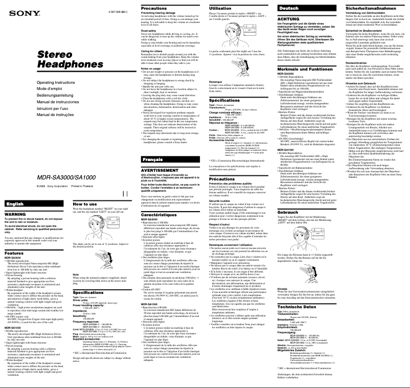 Imagen de la primera página del manual del dispositivo MDR-SA3000