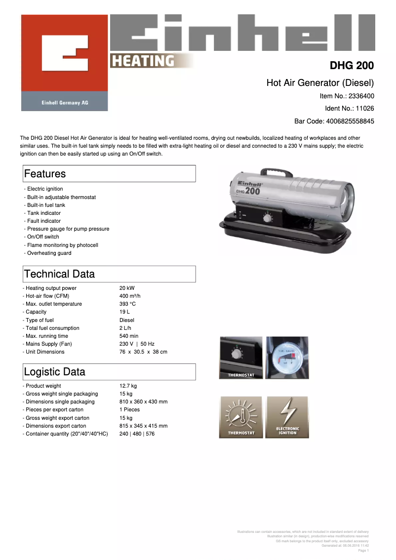 Página 1 del manual Ficha técnica Einhell DHG 200