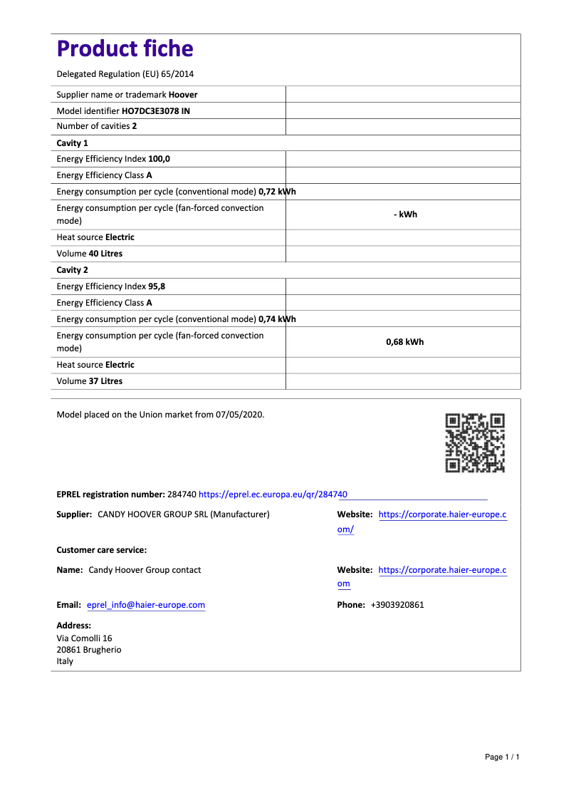 Página 1 del manual Ficha técnica Hoover H-OVEN 300 HO7DC3E3078 IN