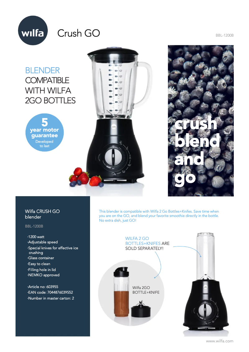 Página 1 del manual Ficha técnica Wilfa Crush Go BBL-1200B