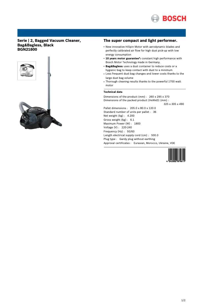 Página 1 del manual Ficha técnica Bosch BGN21800