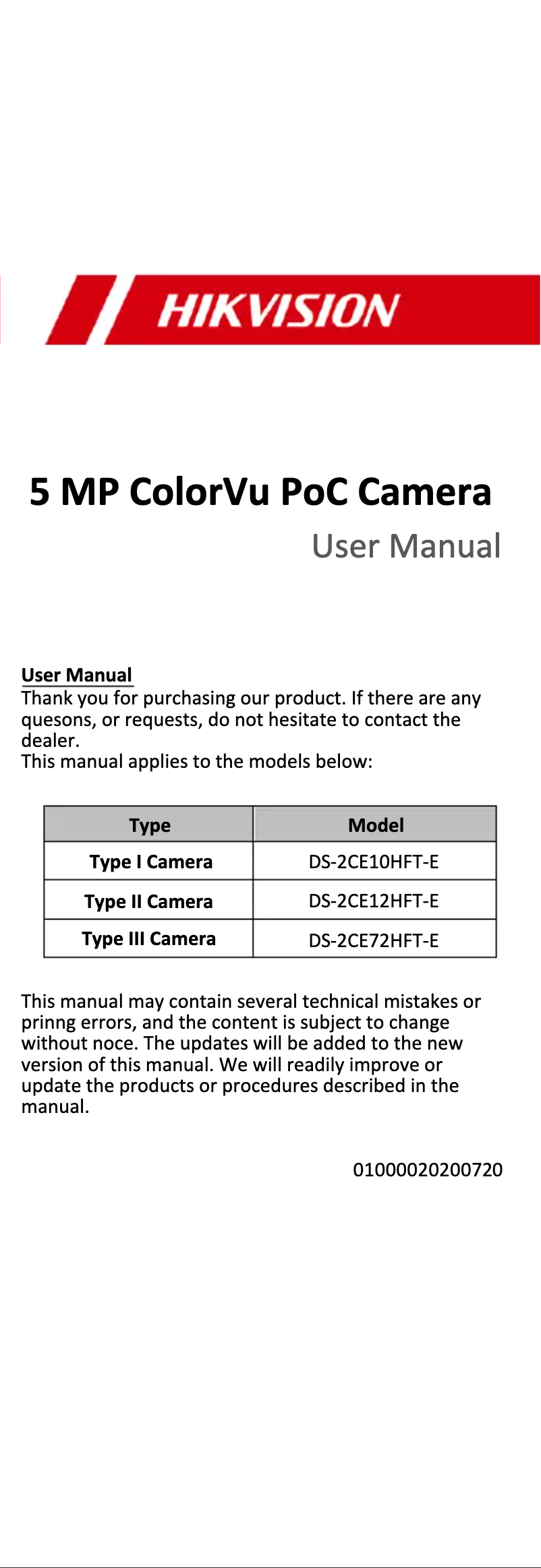 Imagen de la primera página del manual del dispositivo DS-2CE72HFT-E