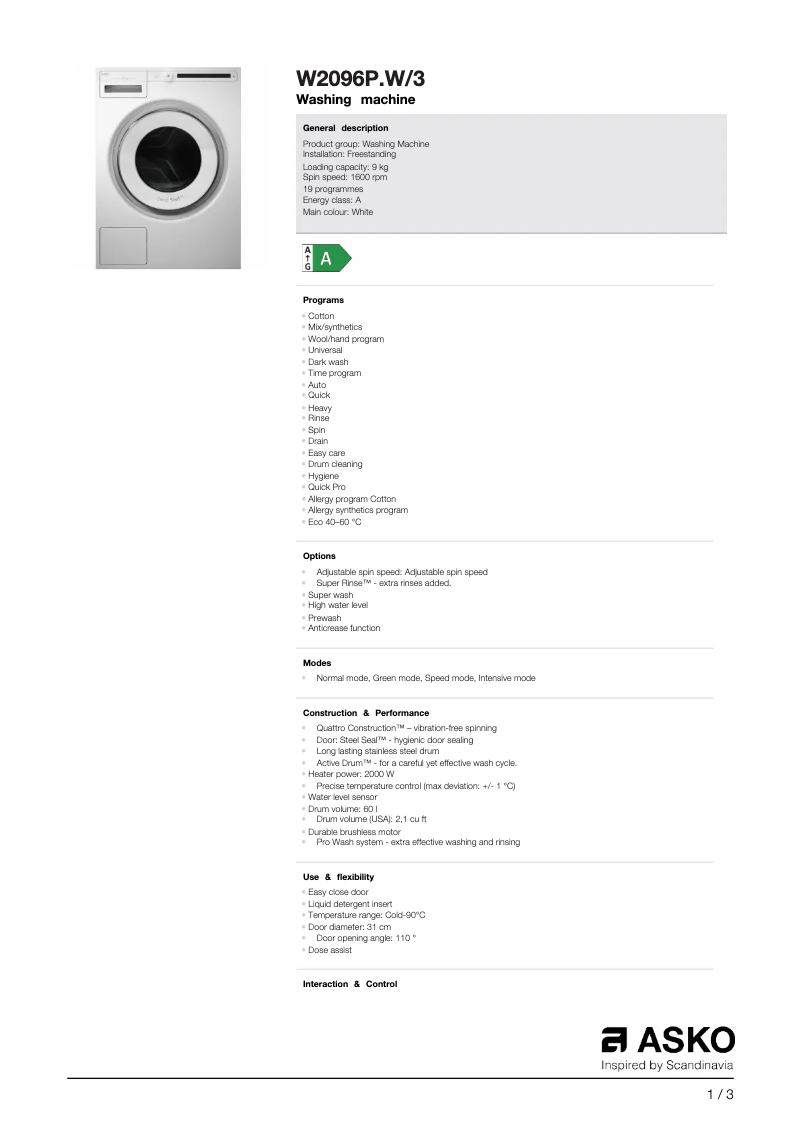 Página 1 del manual Ficha técnica Asko W2096P.W