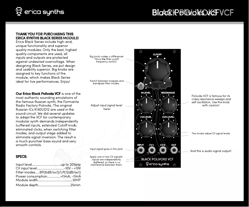 Página nº 1 - Manual de usuario Erica Synths Black Polivoks VCF