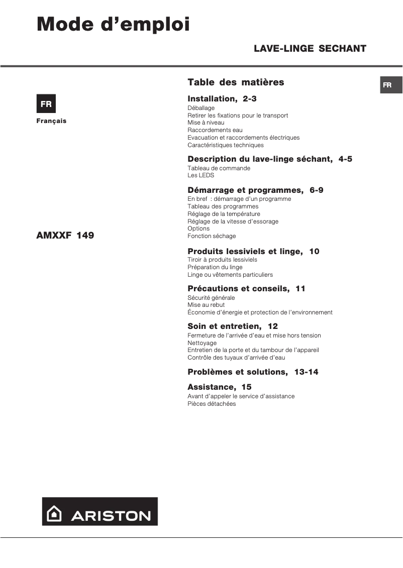 Página 1 del manual Manual de usuario Hotpoint Ariston AMXXF 149