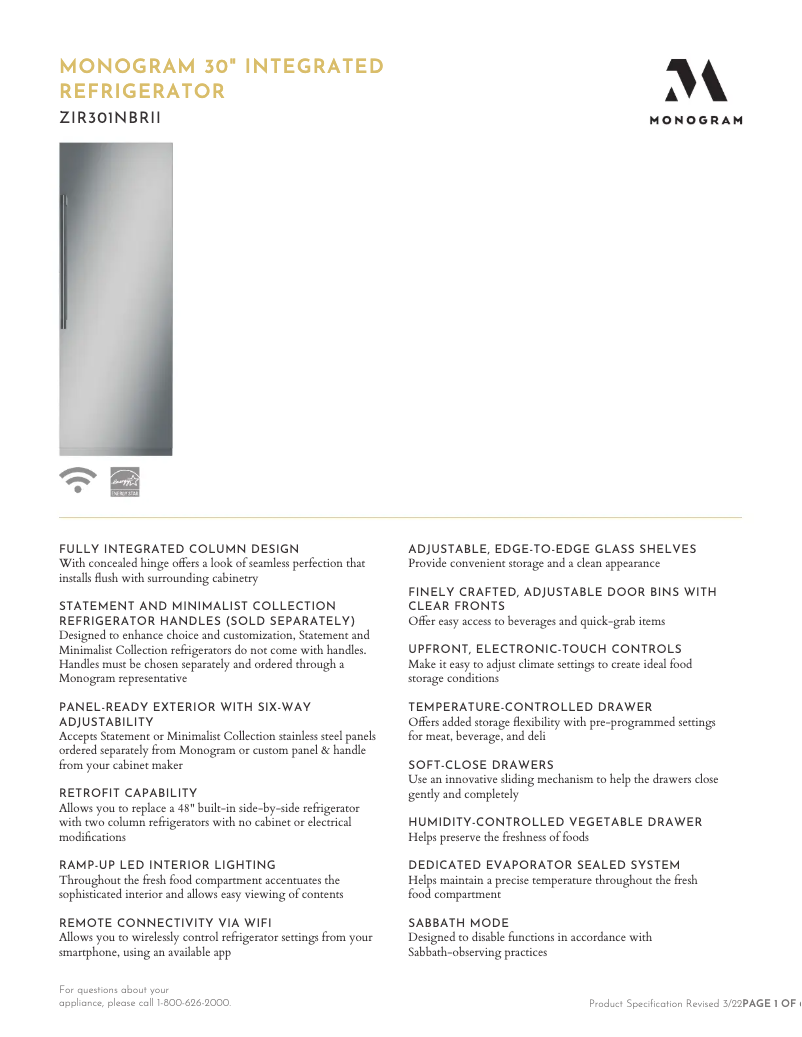 Página 1 del manual Ficha técnica Monogram ZIR301NBRII