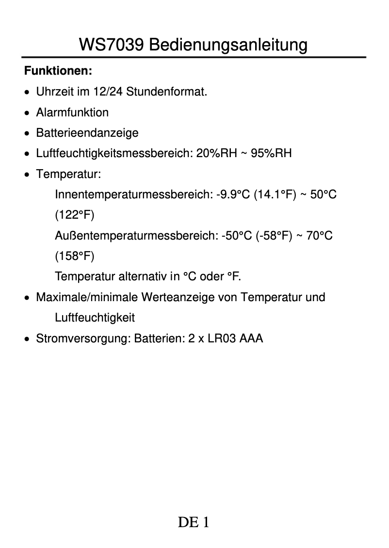 Imagen de la primera página del manual del dispositivo WS 7039