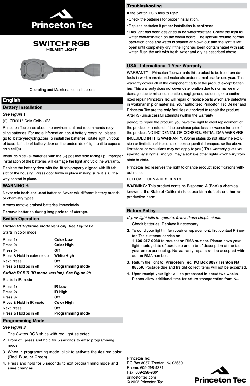 Página 1 del manual Manual de usuario Princeton Tec Switch RGB