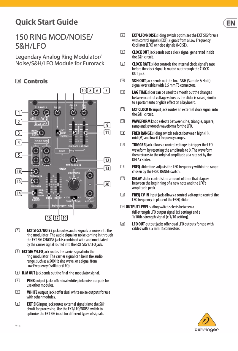 Página 1 del manual Manual de usuario Behringer 150 Ring Mod/Noise/S&H/LFO