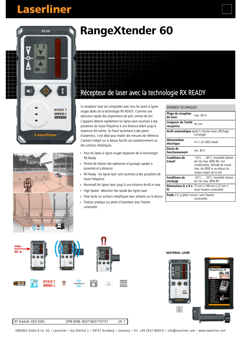 Página 1 del manual Ficha técnica Laserliner RangeXtender 60