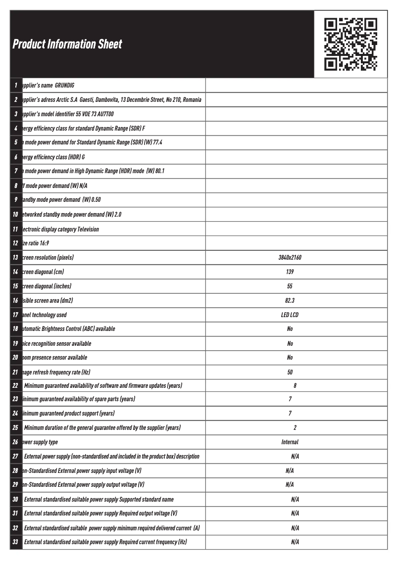 Página 1 del manual Ficha técnica Grundig 55 VOE 73