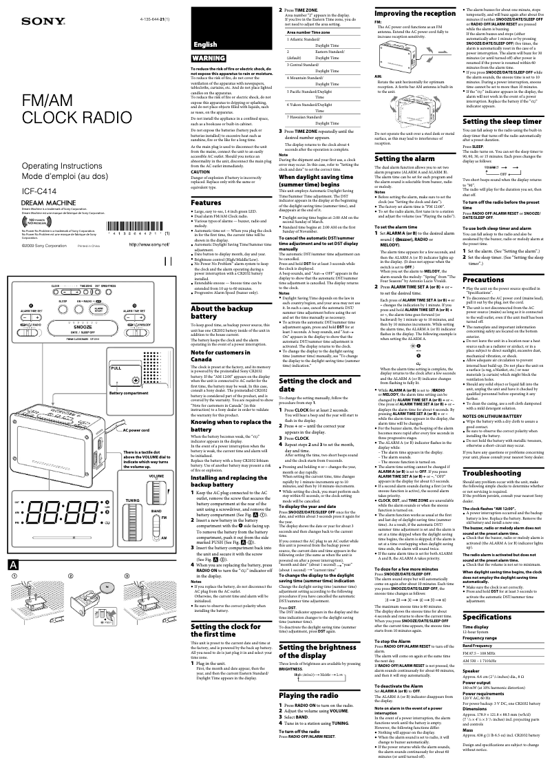 Imagen de la primera página del manual del dispositivo ICF-C414