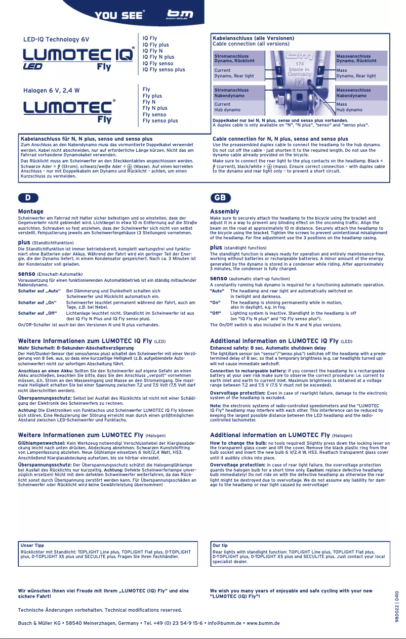 Imagen de la primera página del manual del dispositivo Lumotec IQ Fly