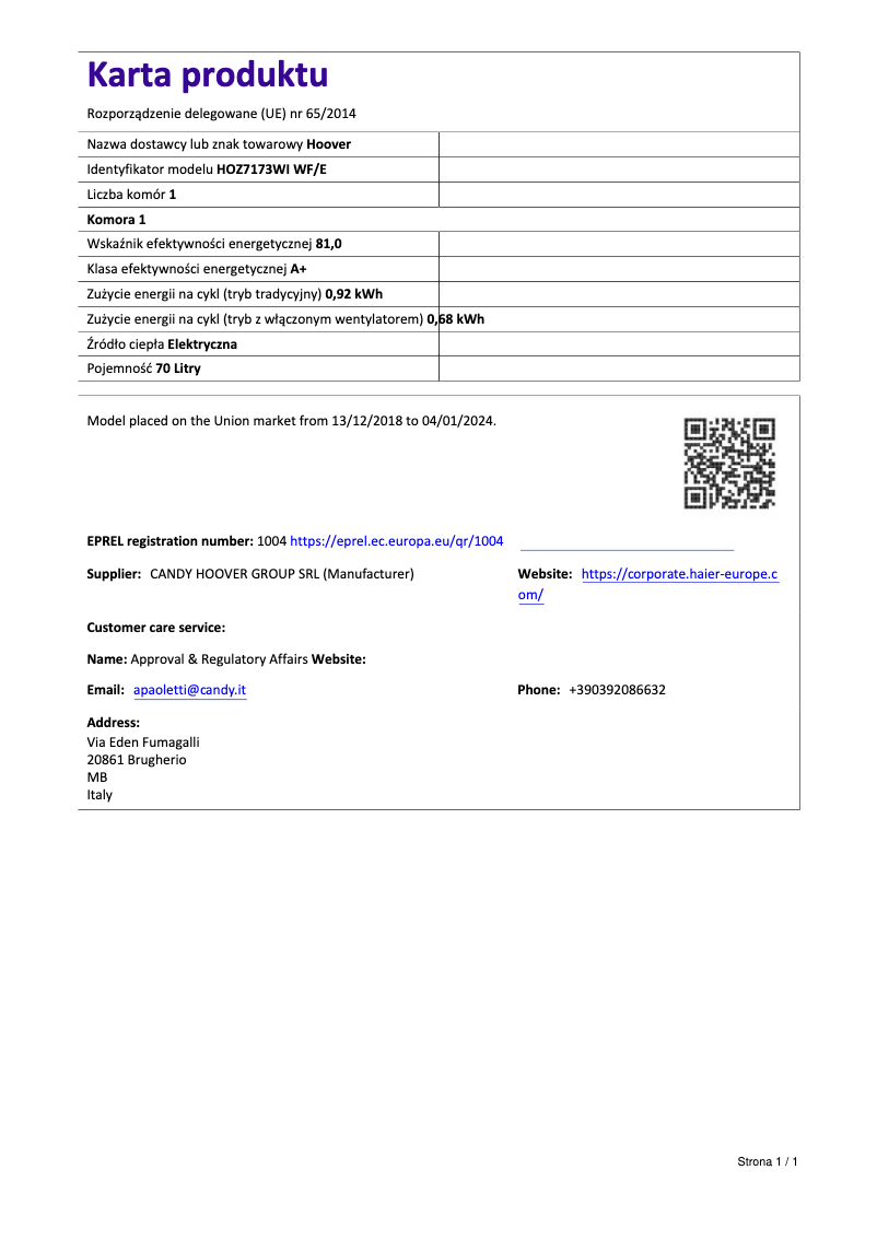 Página 1 del manual Ficha técnica Hoover HOZ7173WI WF/E