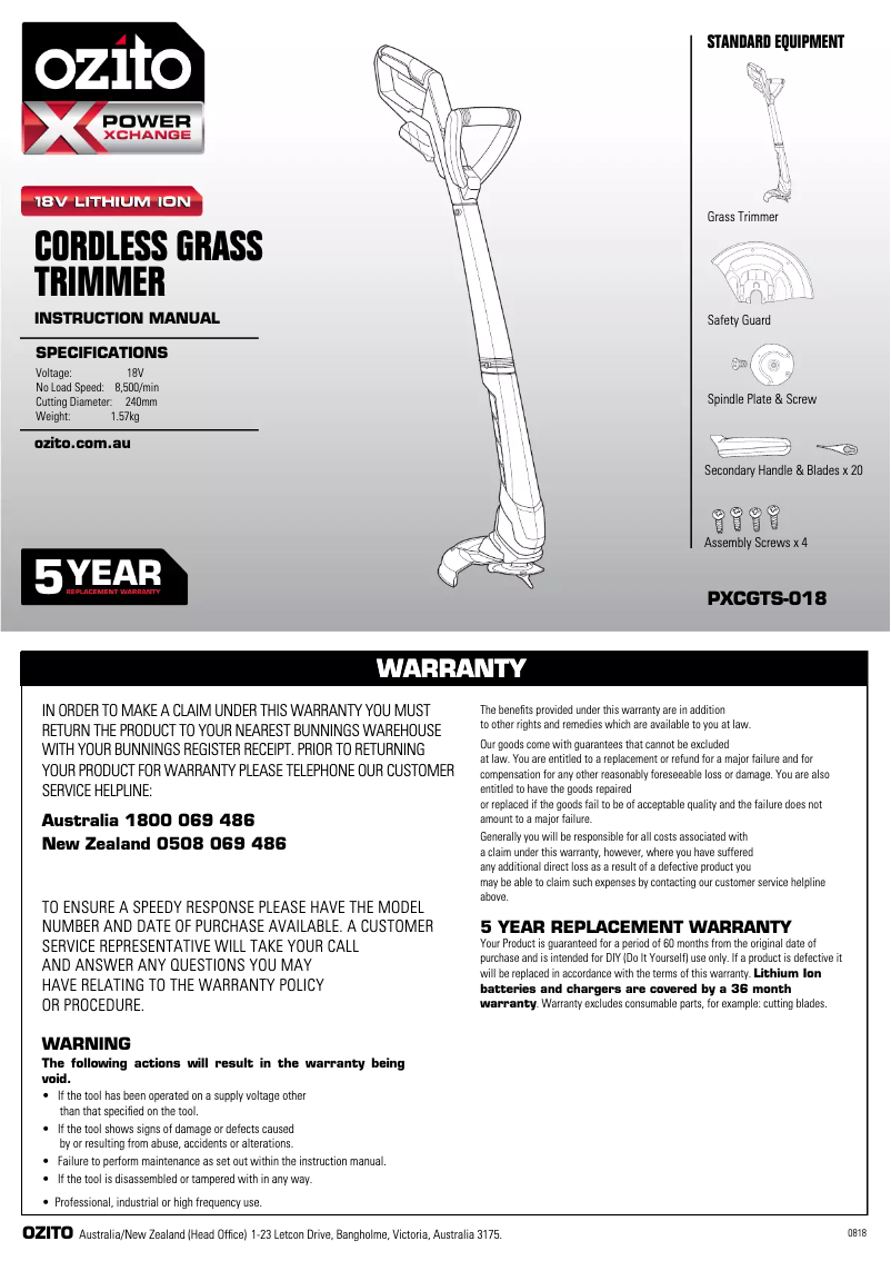 Página nº 1 - Manual de instrucciones Ozito PXCGTK-150
