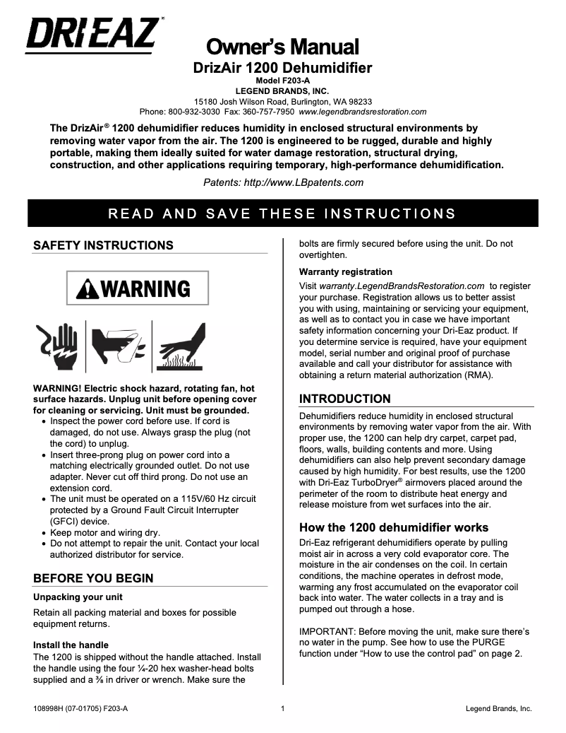 Página 1 del manual Manual de usuario Dri Eaz HEPA 1200