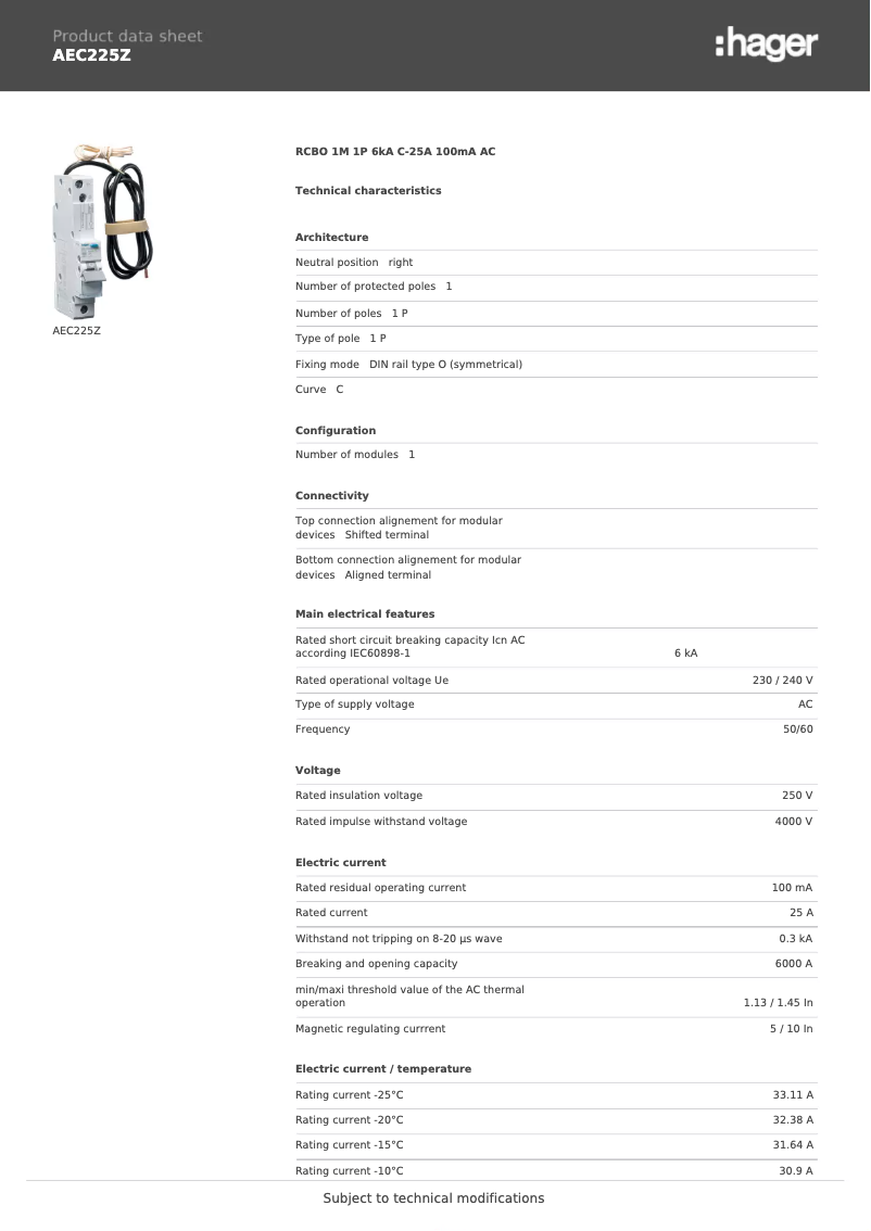 Página 1 del manual Ficha técnica Hager AEC225Z