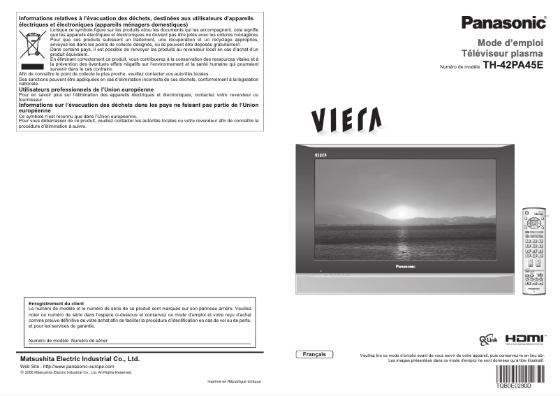 Imagen de la primera página del manual del dispositivo Viera TH-42PA45E