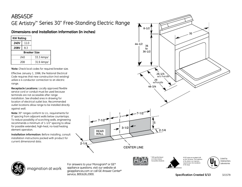 Página 1 del manual Ficha técnica GE Artistry ABS45DFWS