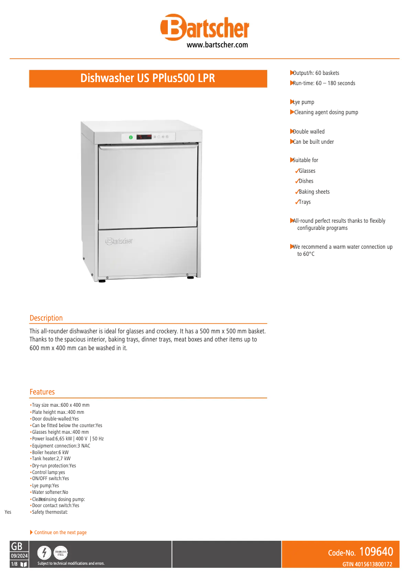 Página 1 del manual Ficha técnica Bartscher US PPlus500 LPR