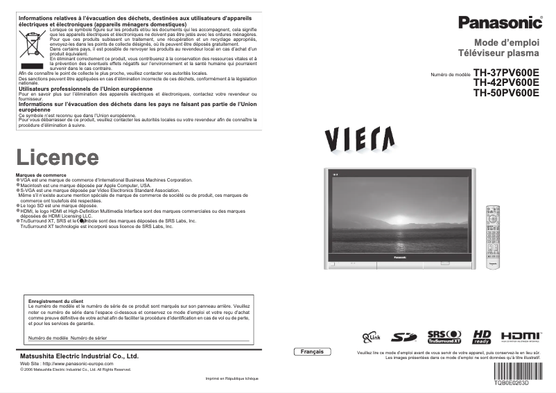 Imagen de la primera página del manual del dispositivo Viera TH-50PV600E