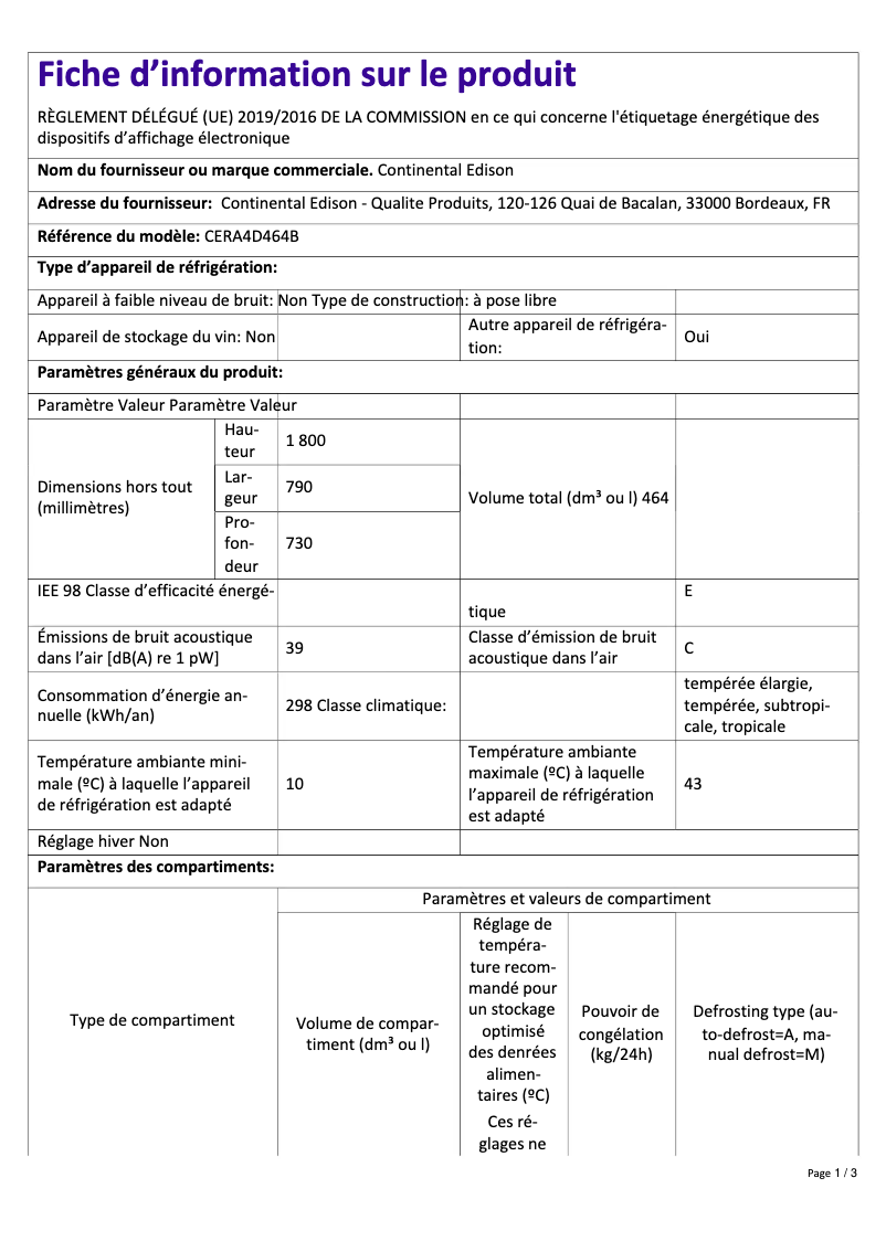 Página 1 del manual Etiqueta energética Continental Edison CERA4D464B