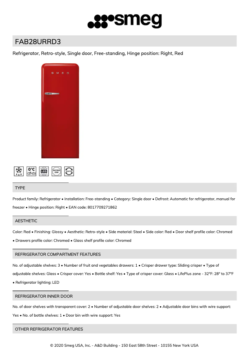 Página 1 del manual Ficha técnica Smeg FAB28URRD3