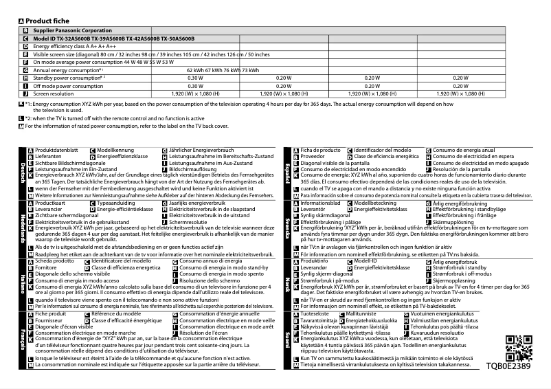 Página 1 del manual Ficha técnica Panasonic Viera TC-39AS600B
