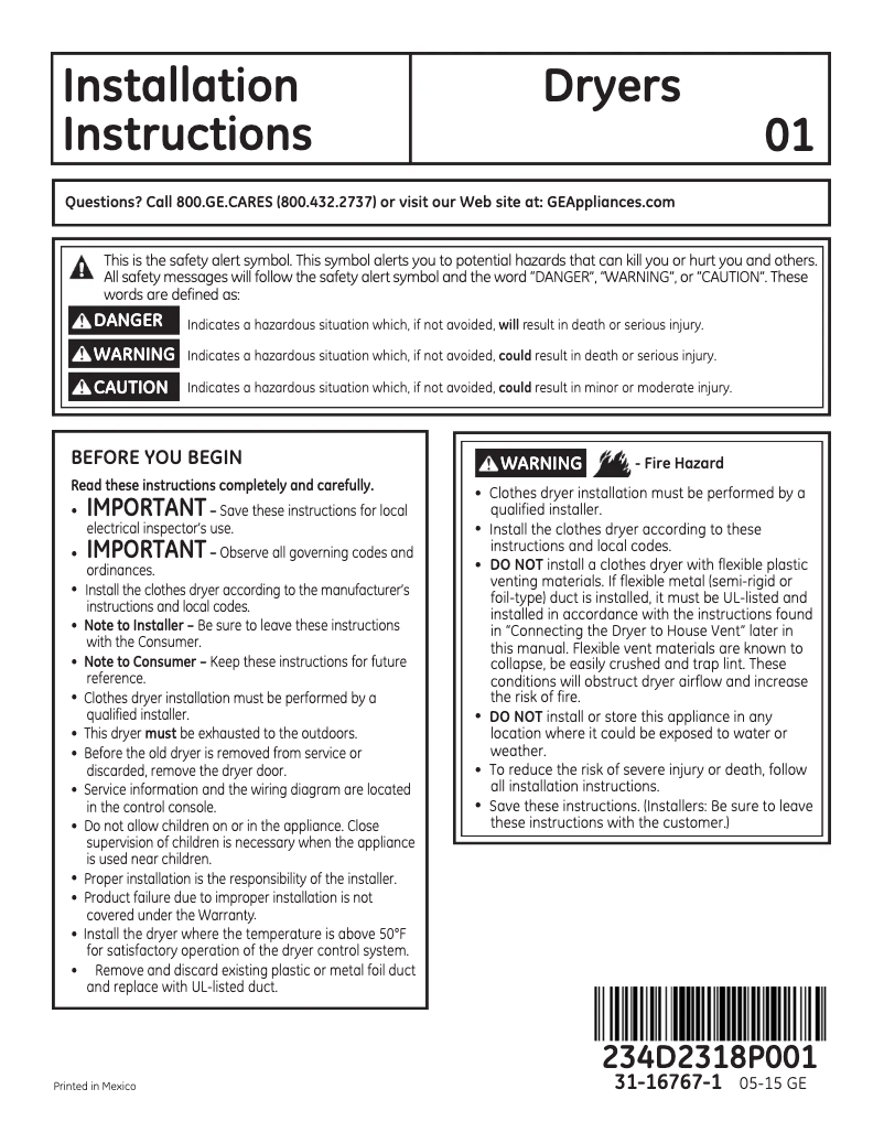 Página 1 del manual Guía de instalación GE GTD18GSSJWW
