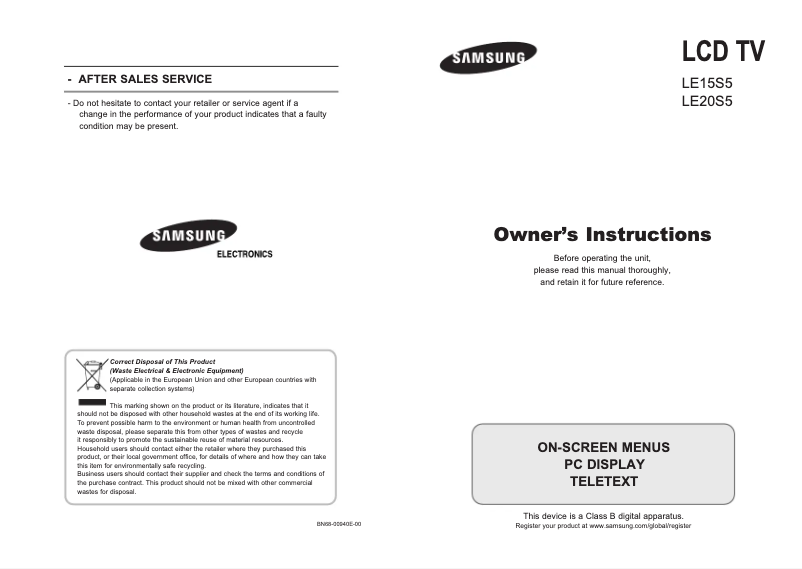 Página 1 del manual Manual de usuario Samsung LE15S51BP