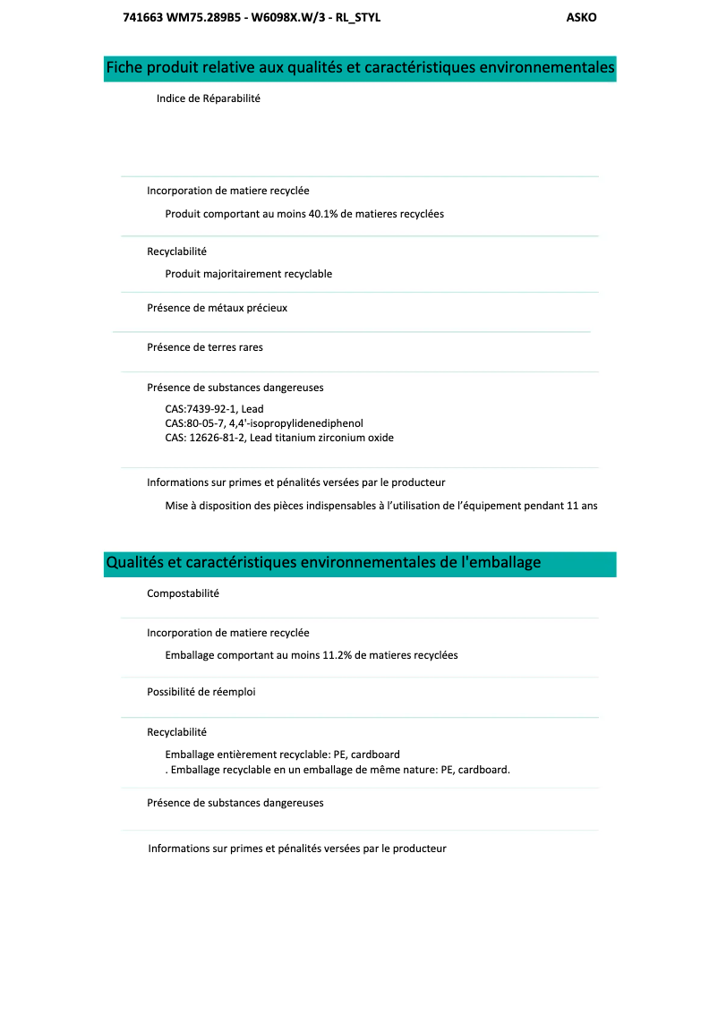 Página 1 del manual Ficha técnica Asko W6098X.W/3