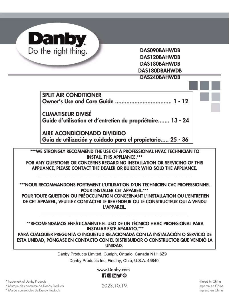 Página 1 del manual Manual de usuario Danby DAS120BAHWDB