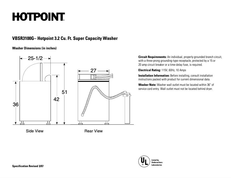 Página 1 del manual Ficha técnica Hotpoint VBSR3100GWW