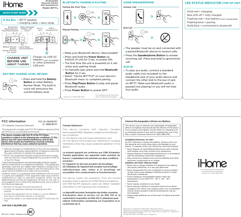Imagen de la primera página del manual del dispositivo iBT77