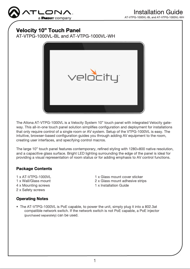 Imagen de la primera página del manual del dispositivo AT-VTPG-1000VL