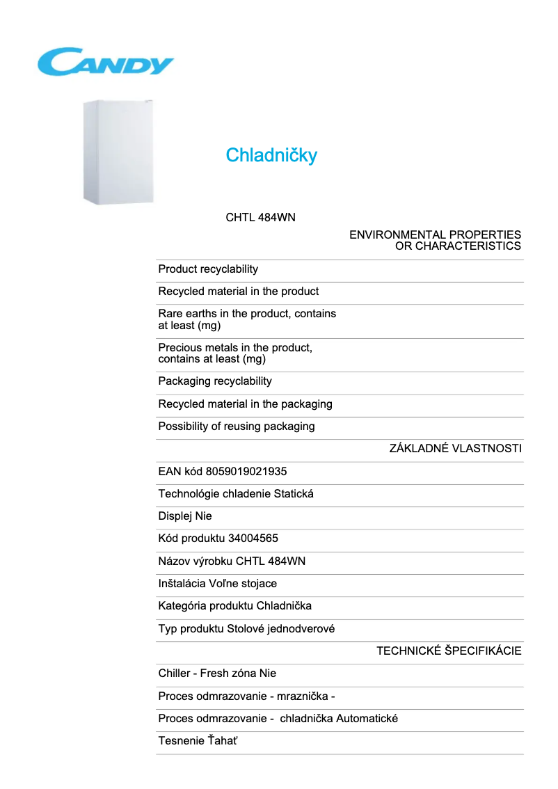 Página 1 del manual Ficha técnica Candy CHTL 484WN