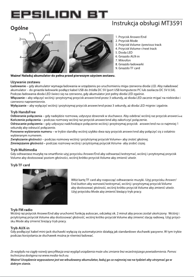 Imagen de la primera página del manual del dispositivo Epsilion BT MT3591