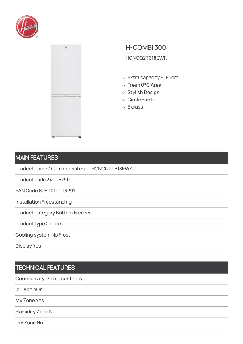 Página 1 del manual Ficha técnica Hoover HONCQ2T618EWK