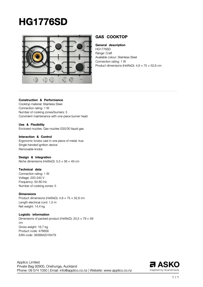 Página nº 1 - Ficha técnica Asko HG1776SD